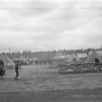 A small line of soldiers in front a camp of tents.  A larger line of soldiers can be seen a few tent rows back in the background.