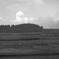 An elevated landscape view of military trucks and soldiers in lines in a wooded clearing. 