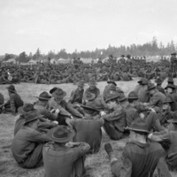 Hundreds of soldiers sitting or standing in relaxed positions in a field.  Some fir tress are seen in the background.