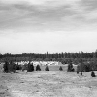 A semi-permanent military camp made up of many tents along a dirt road in a wooded clearing.  The picture was taken from far out of the camp.