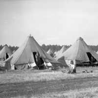 Rows of tents, many columns deep, in a wooded clearing.  A soldier stands at the entrance to the center tent, with another soldier sitting on the ground in the foreground.