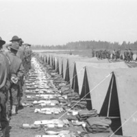 A line of soldiers with their backs to a line of tents, apparently preparing for inspection.  In front of the tents are neatly organized groups of equipment, most likely the contents of the tent and the soldiers' belongings.
