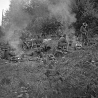 About a dozen soldiers sit around two campfires in relaxed positions.  They are in a clearing surrounded by woods.