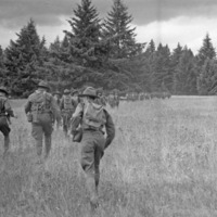 Dozens of soldiers walking in a marching line walking away from the camera through a clearing surrounded by woods.