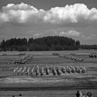 An elevated landscape view of military trucks and soldiers in lines in a wooded clearing. A few onlookers can be seen in the foreground.
