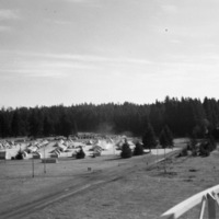 A semi-permanent military camp made up of many tents along a dirt road in a wooded clearing.