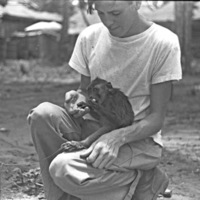 A monkey, named Jocko, sitting in the lap of a squatting young man.  The monkey is eating something being given to it by the man.