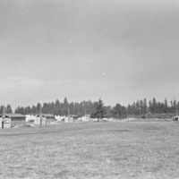 A semi-permanent military camp along a dirt road in a wooded clearing.  Some small wooden buildings appear closest, with rows of large tents behind them. 