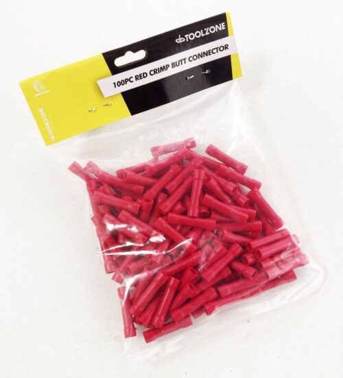 CRIMP BUTT CONNECTORS 100PC RED INSULATED 0.5-1.5mmÂ² – TOOLZONE KDPEL143