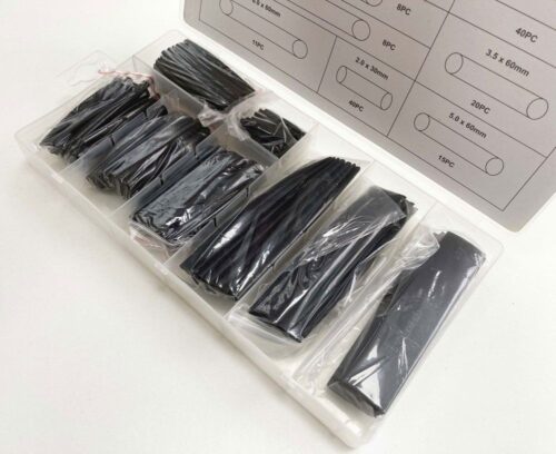 HEAT SHRINK TUBING ASSORTMENT 150PC BLACK WITH PLASTIC BOX – TOOLZONE KDPEL135