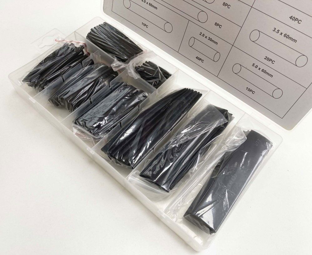 HEAT SHRINK TUBING ASSORTMENT 150PC BLACK WITH PLASTIC BOX - TOOLZONE KDPEL135