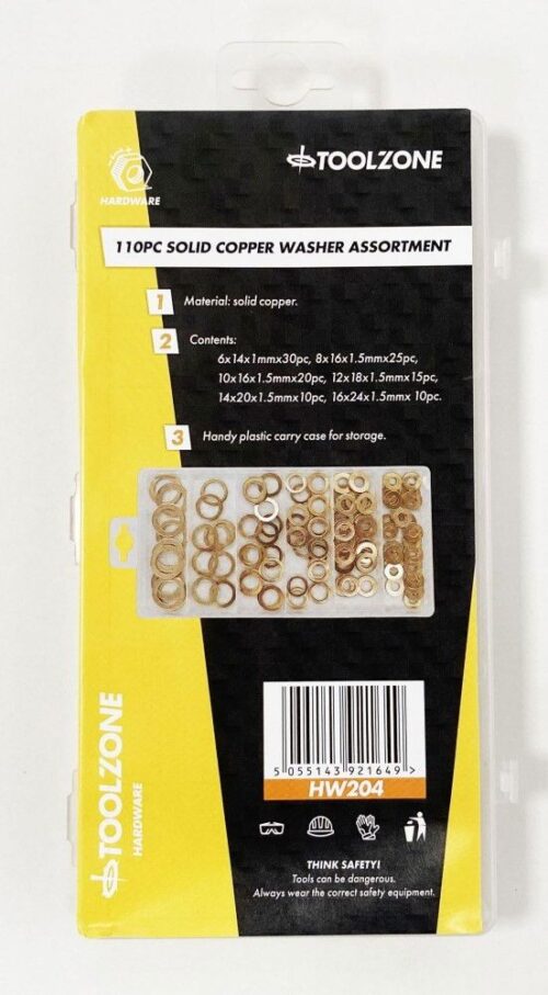 COPPER WASHER ASSORTMENT 110pc IN SLIMLINE STORAGE BOX – TOOLZONE KDPHW204