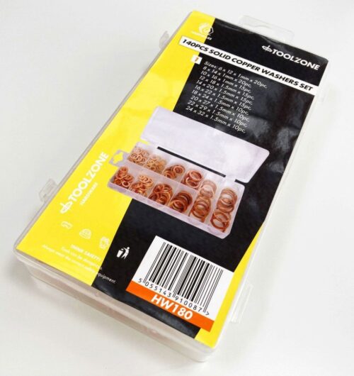 COPPER WASHER ASSORTMENT 140pc SOLID IN STORAGE BOX – TOOLZONE KDPHW180