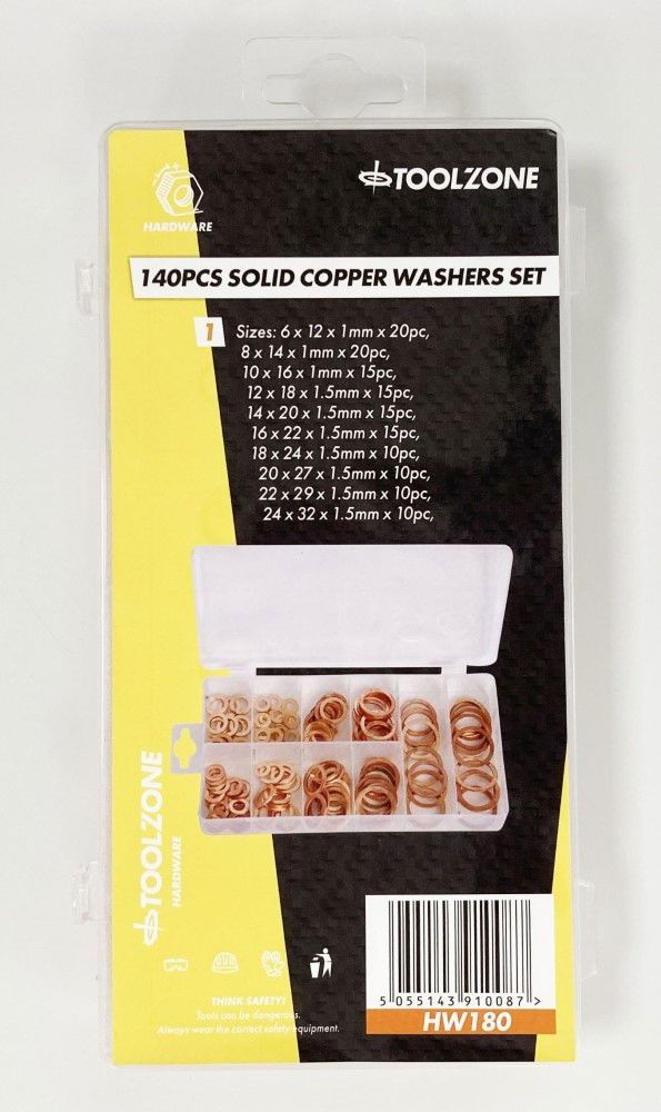 COPPER WASHER ASSORTMENT 140pc SOLID IN STORAGE BOX - TOOLZONE KDPHW180 - Image 4