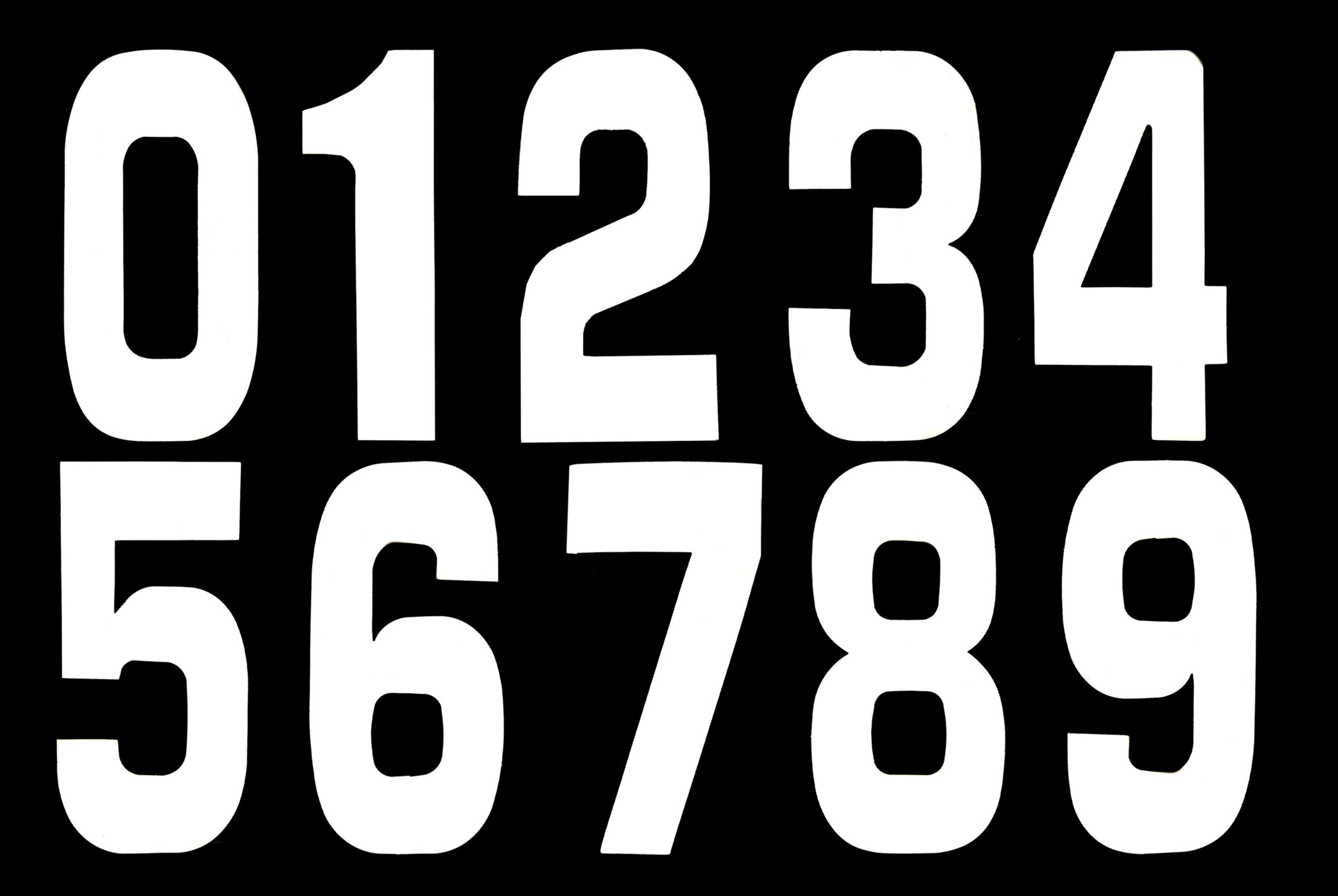 8″ WHITE RACE NUMBERS 0-9, 10 OF EACH – PACK OF 100