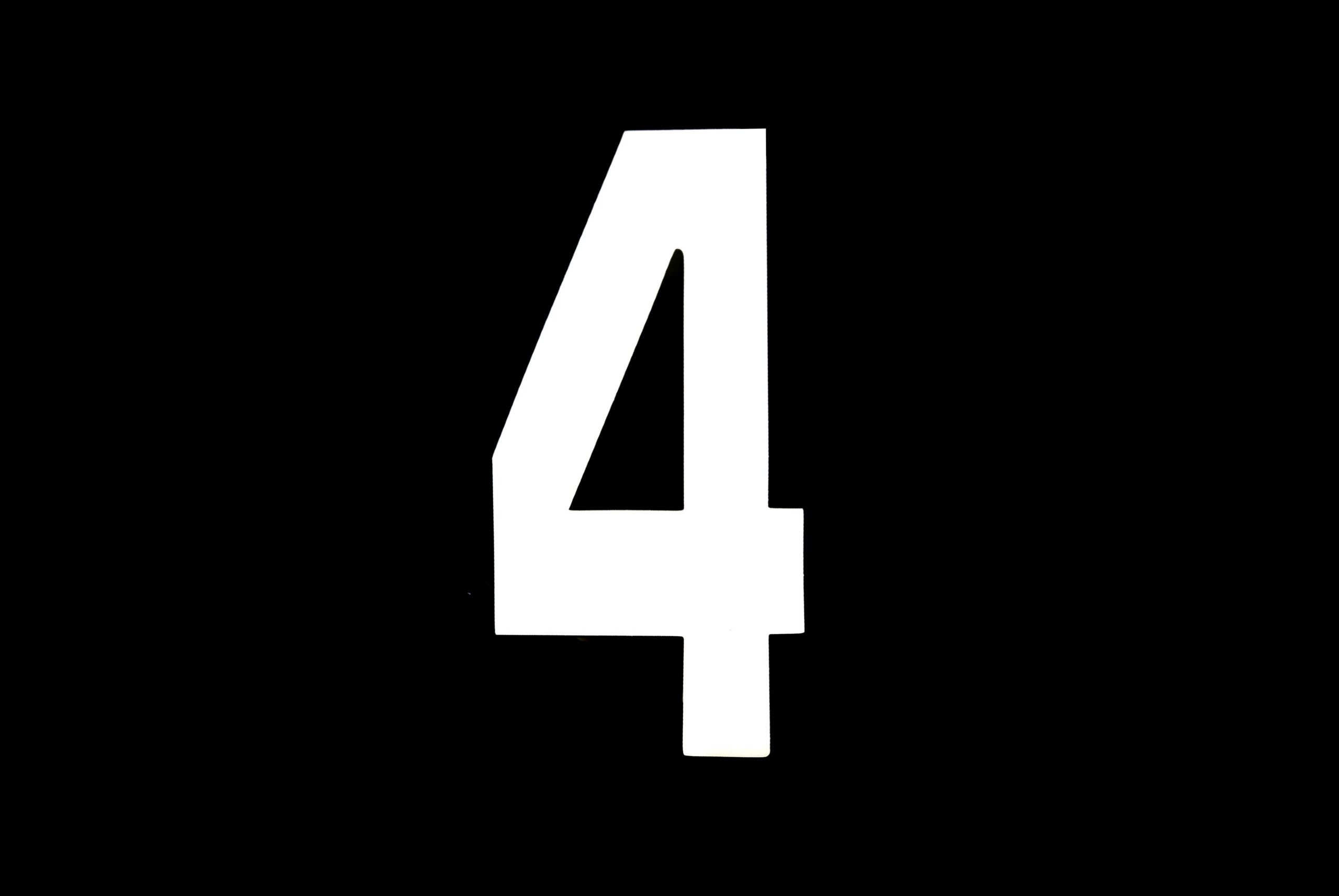 RACE NUMBERS – 4 FOUR – WHITE, EACH / 15cm 6″ / VINYL STICKER