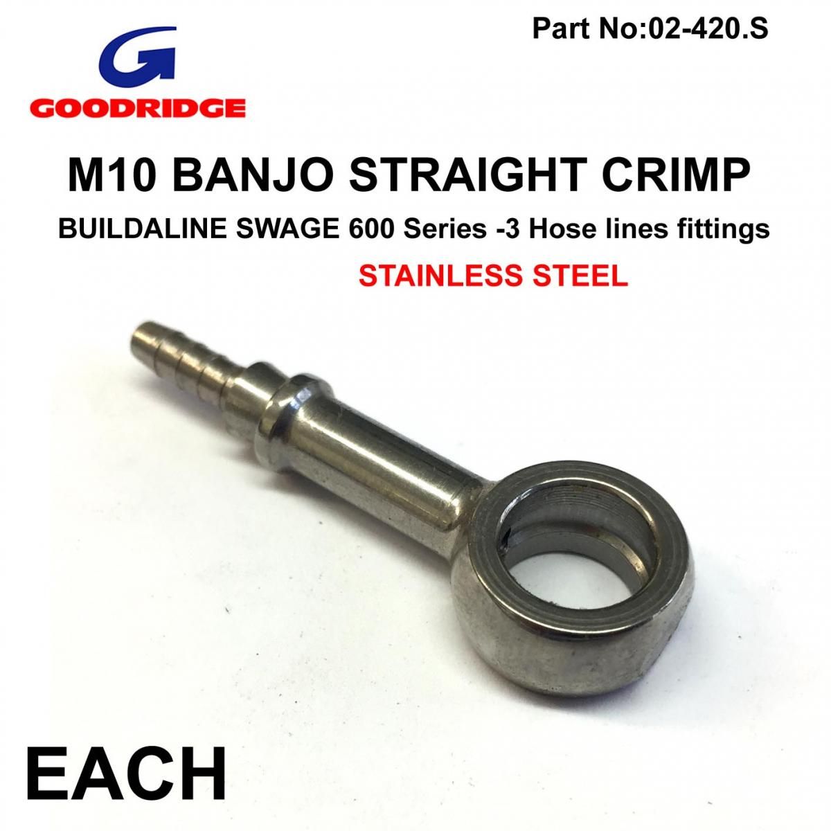 BANJO STRAIGHT STAINLESS 0*, SWAGE CRIMP FITTING 600 Series -3, GOODRIDGE S5092-03C