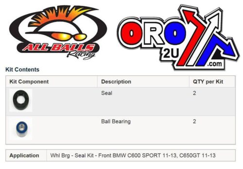 WHEEL BEARING KIT FRONT 11-19 BMW C/G/R 310-1200, ALLBALLS 25-1678 ROAD