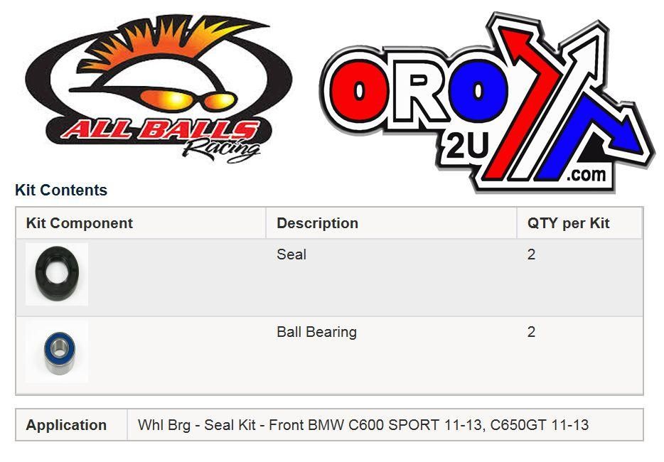 WHEEL BEARING KIT FRONT 11-19 BMW C/G/R 310-1200, ALLBALLS 25-1678 ROAD