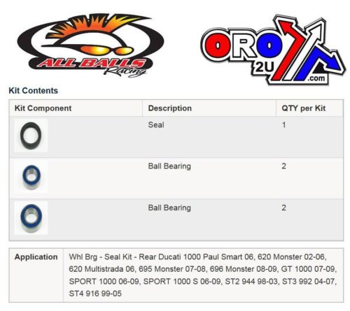 WHEEL BEARING KIT REAR 98-14 DUCATI GT/ST/SPORT/MONS/MULTI, ALLBALLS 25-1668 ROAD