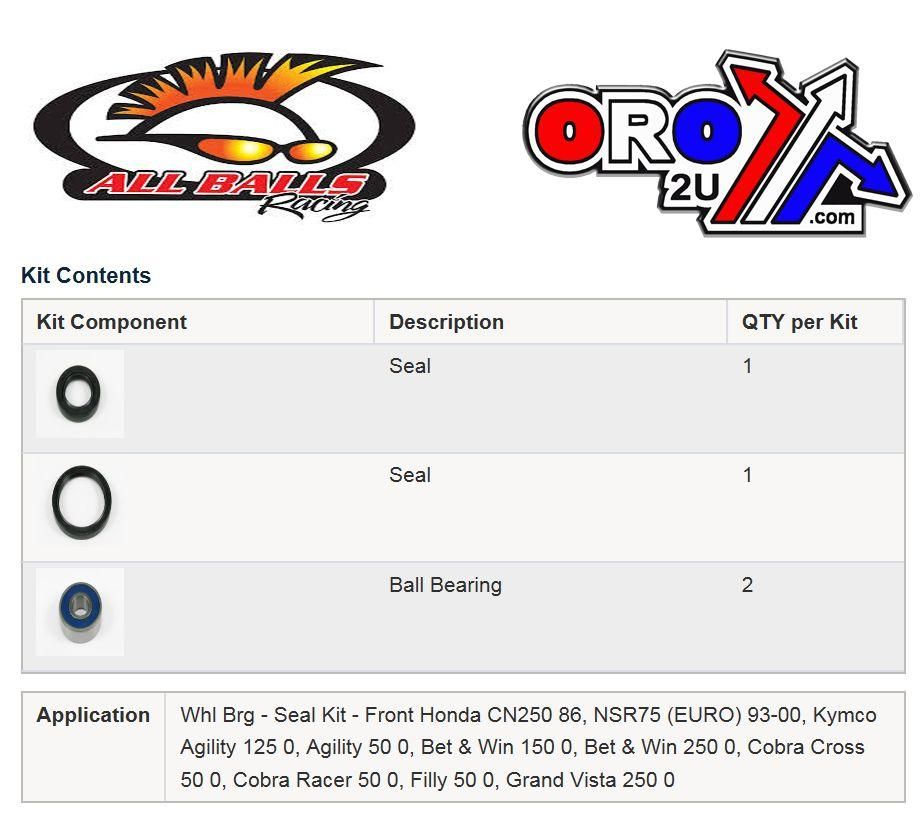 WHEEL BEARING KIT FRONT 86-21 HON CN/NSR/KYMCO/SUZ DR-Z50, ALLBALLS 25-1644 ROAD/DIRT - Image 3
