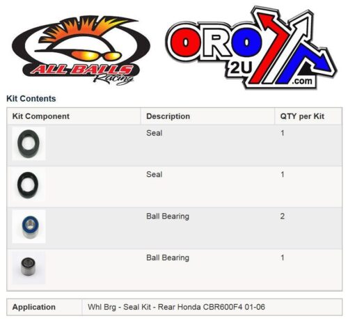 WHEEL BEARING KIT REAR 01-06 HON CBR600F4, ALLBALLS 25-1658 ROAD