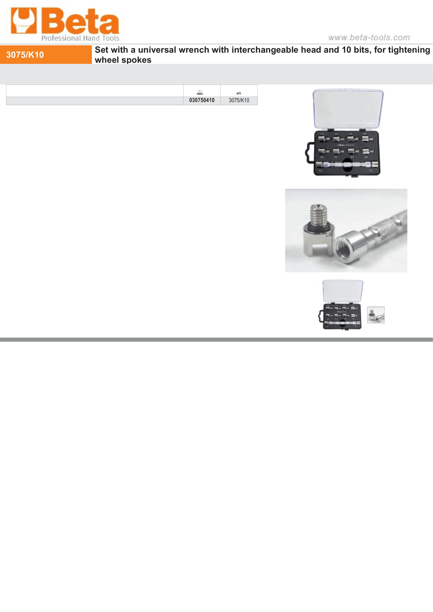 Universal Wrench Set with Interchangeable Head and 10 Bits for Wheel Spokes - Beta Tools 3075/K10 - Image 3