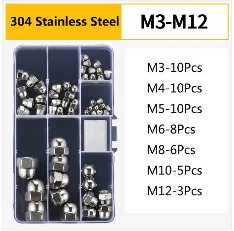 52pcs Dome Cap Nut 304 Stainless Steel Set M3 M4 M5 M6 M8 M10 M12