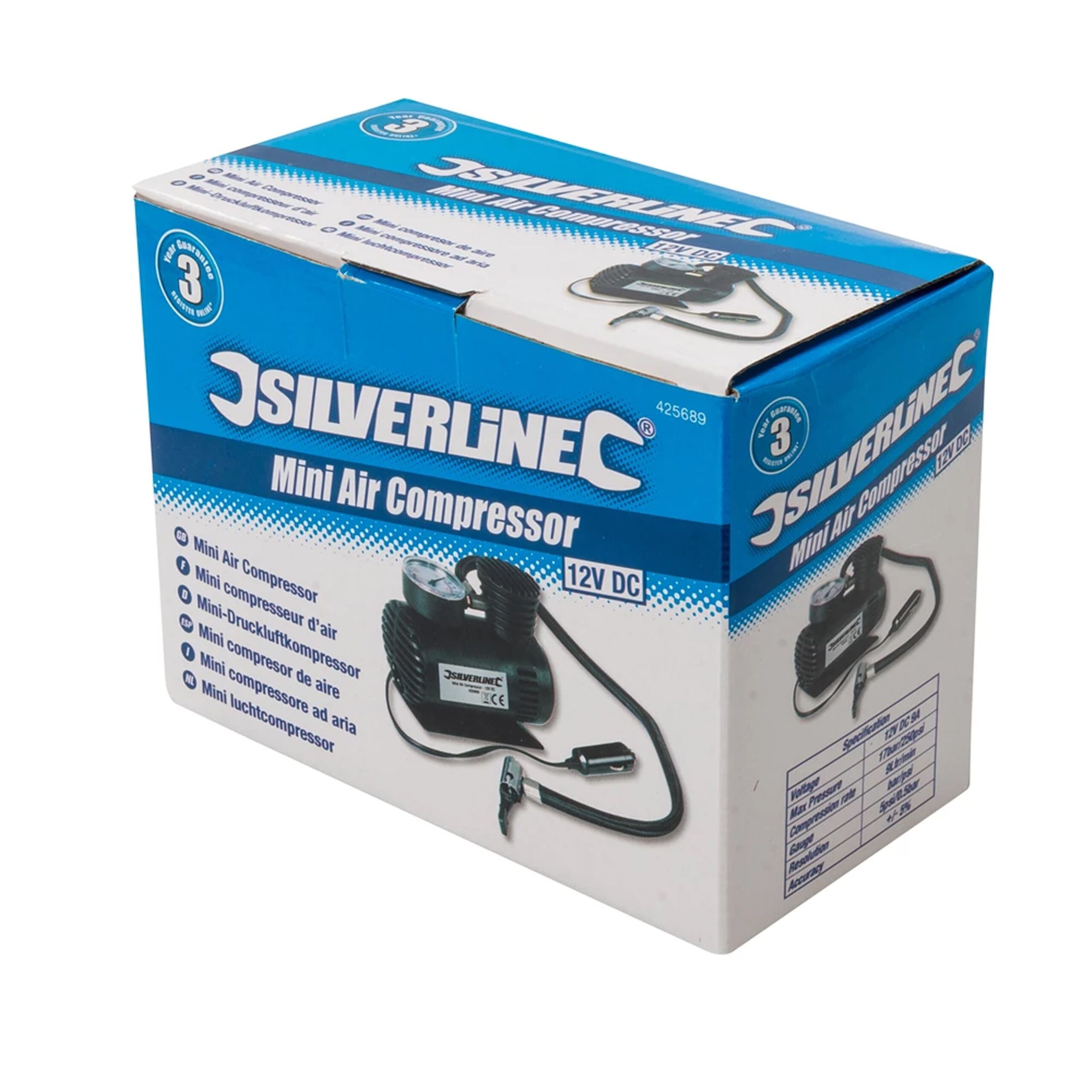 Silverline Mini Air Compressor 12V DC, 425689 Ideal For Cars Bikes & Inflatables