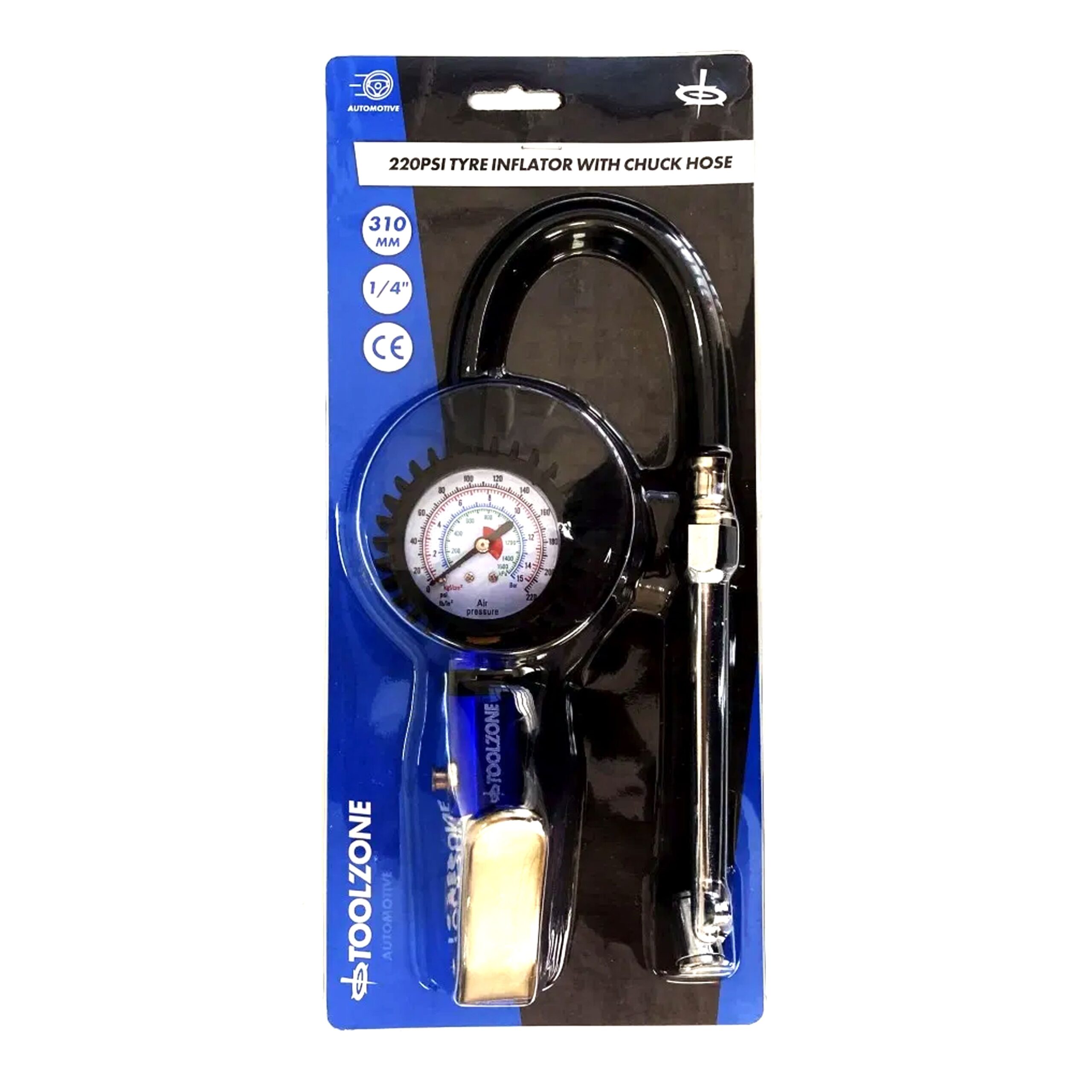 TYRE INFLATOR WITH CHUCK HOSE 220psi 1/4" AIR INLET 310mm HOSE - TOOLZONE KDPAU361 - Image 2