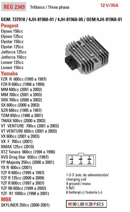 REGULATOR HEAVY DUTY 35A, YAMAHA 737918 / 4JH-81960-01 / 4JH-81960-00 / OEM:4JH-81960-01 4JH-81960-01-00, FZR600 / YZF-R6 / SX - Image 2