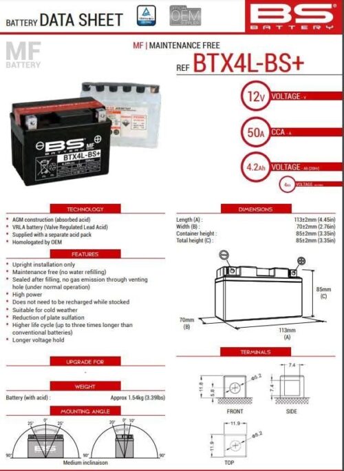 BATTERY YTX4L-BS 12V M.FREE BS, BS Maintenance Free BTX4L-BS, 300617, BS-BTX4L-BS