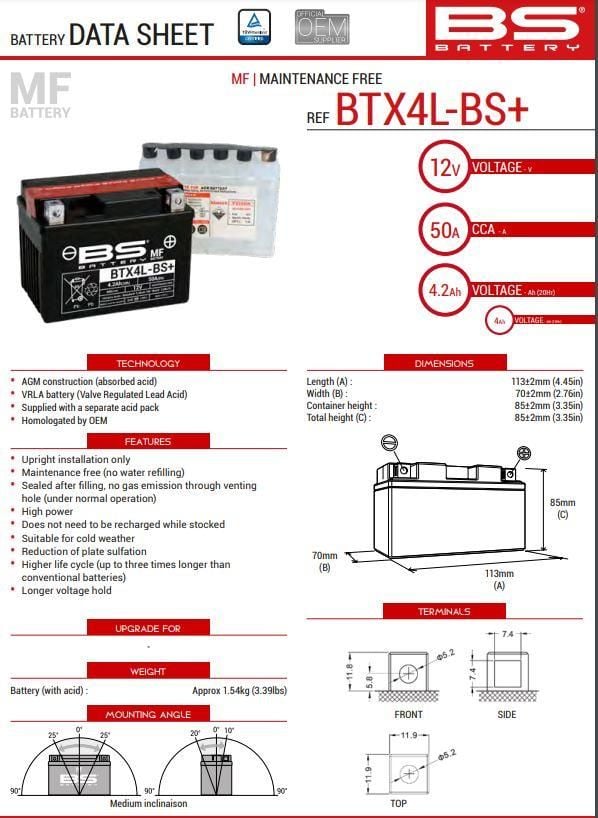 BATTERY YTX4L-BS 12V M.FREE BS, BS Maintenance Free BTX4L-BS, 300617, BS-BTX4L-BS