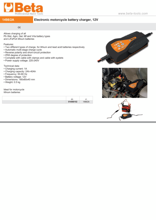 Electronic Motorcycle Battery Charger 12V 1A 2Ah – 40Ah – Beta Tools 1498/2A