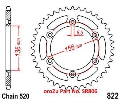 MINO REAR SPROCKET ALLOY BLACK 822, 25-316-520-52