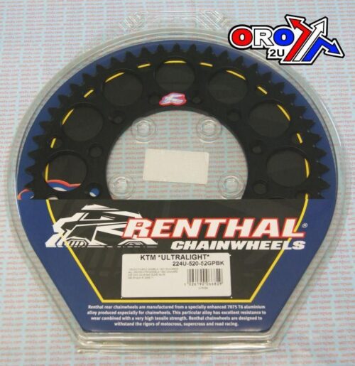REAR SPROCKET RENTHAL KTM, ULTRALITE 224U-520-52GPBK BLACK, 224U-520-52GPBK