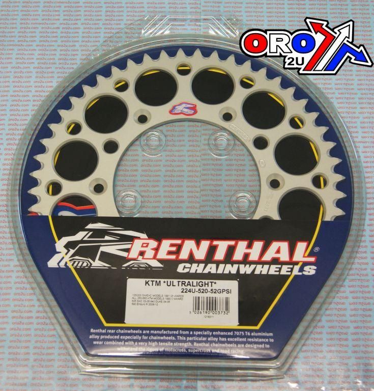 REAR SPROCKET RENTHAL KTM, ULTRALITE 224U-520-52GPSI SILVER, 224U-520-52GPSI
