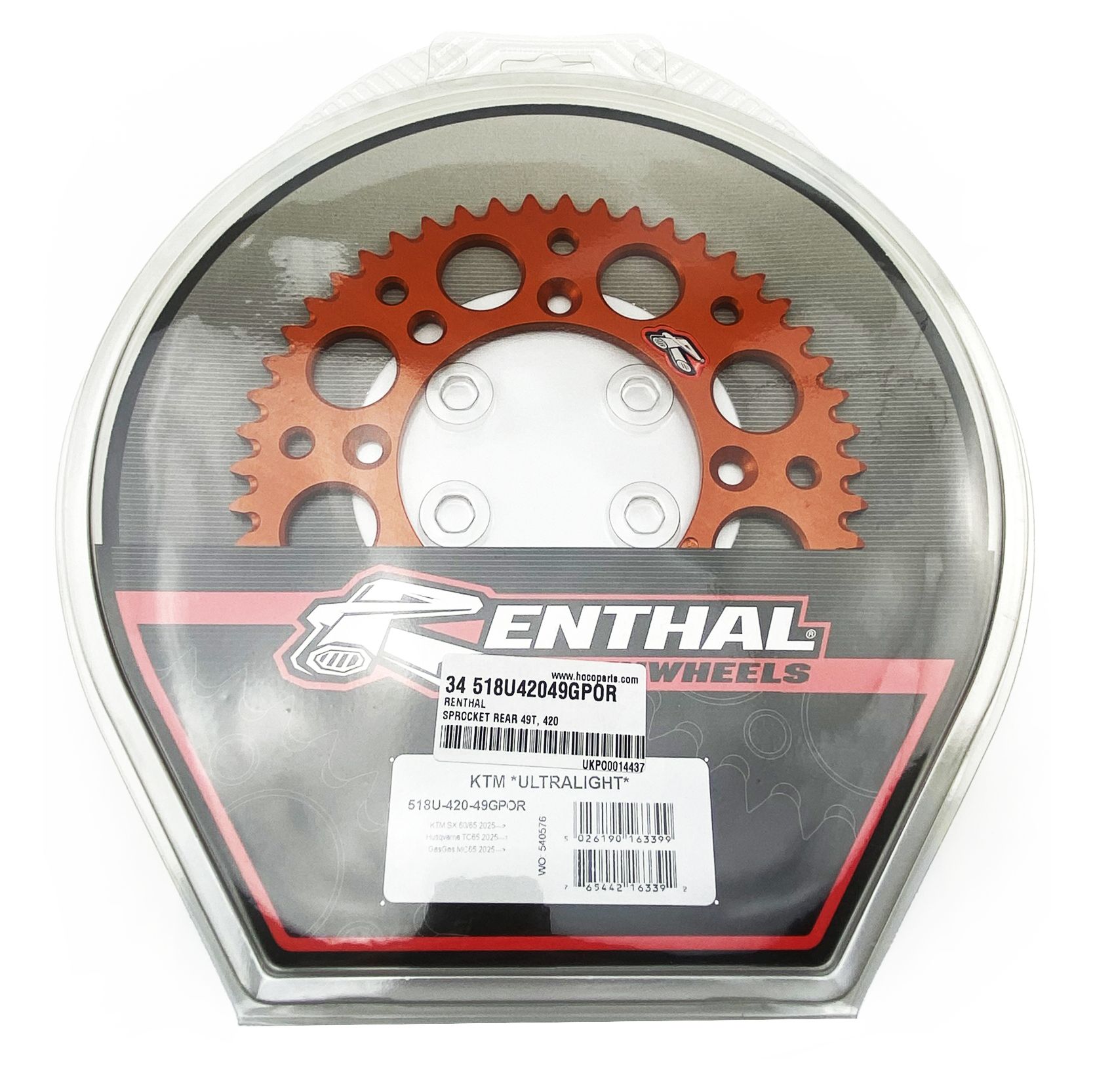 REAR SPROCKET ORANGE ALLOY RENTHAL 49T, 2025 GASGAS/HUSQVARNA/KTM, ULTRALITE 518U-420-49GPOR - Image 2
