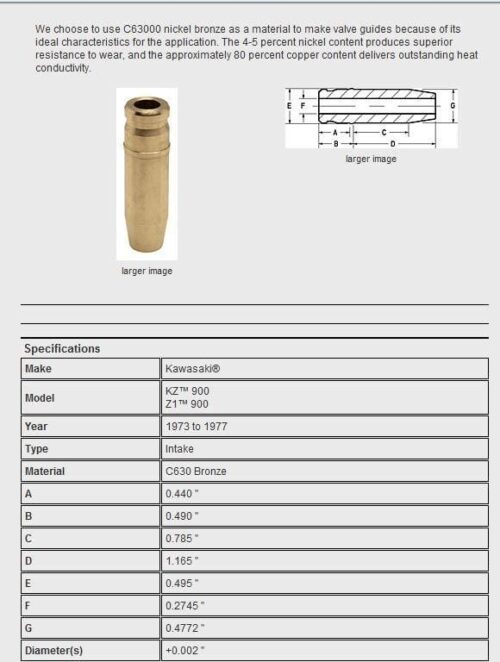VALVE GUIDE EXHAUST Z1 900R, KIBBLEWHITE 40-0483 +0.002