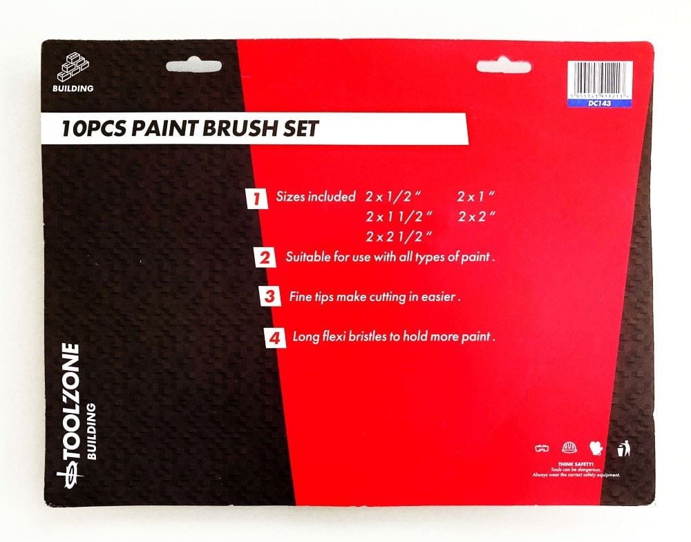 PAINT BRUSH SET 10PC NYLON BRISTLE ASSORTED SIZES - TOOLZONE KDPDC143
