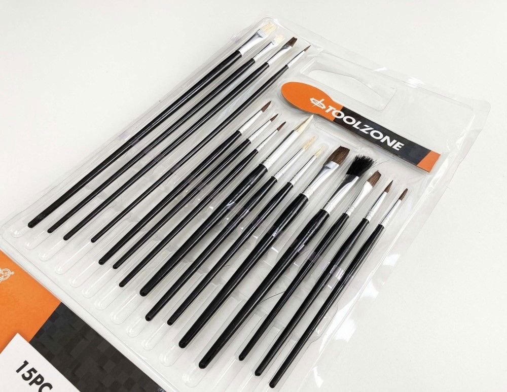 ARTIST BRUSHES 15PC ASSORTED FLAT POINTED ROUND - TOOLZONE KDPBR015 - Image 2