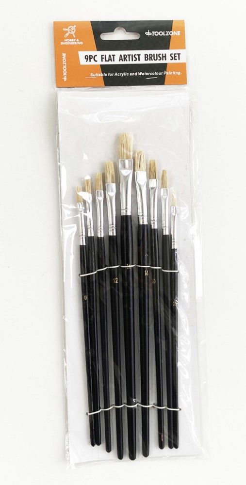 ARTIST BRUSHES 9PC FLAT SIZES 0-16 WOOD HANDLE - TOOLZONE KDPBR013 - Image 2