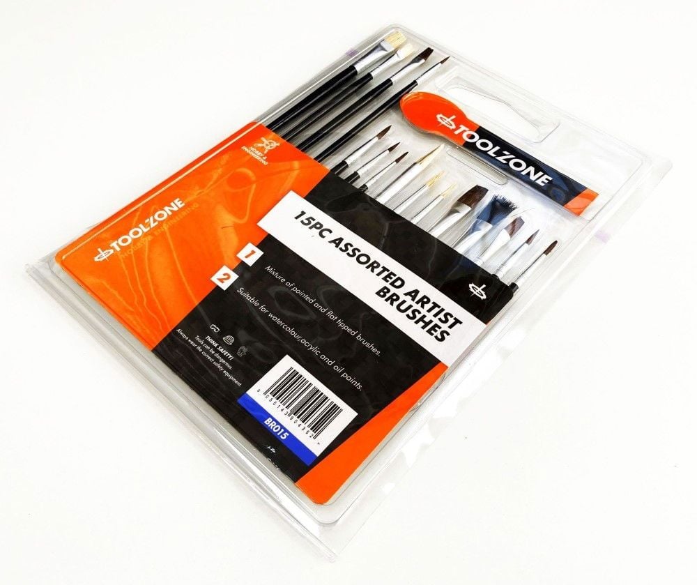 ARTIST BRUSHES 15PC ASSORTED FLAT POINTED ROUND - TOOLZONE KDPBR015