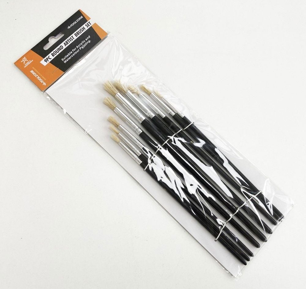 ARTIST BRUSHES 9PC ROUND SIZES 0-16 WOOD HANDLE - TOOLZONE KDPBR014 - Image 3