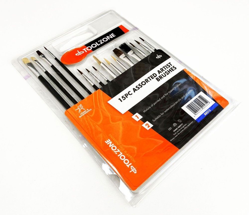 ARTIST BRUSHES 15PC ASSORTED FLAT POINTED ROUND - TOOLZONE KDPBR015 - Image 4