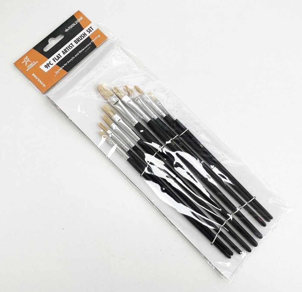 ARTIST BRUSHES 9PC FLAT SIZES 0-16 WOOD HANDLE - TOOLZONE KDPBR013 - Image 3