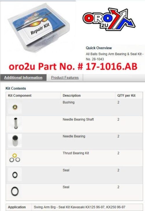 SWINGARM KIT KX125/250 96-97, ALLBALLS 28-1043 KAWASAKI
