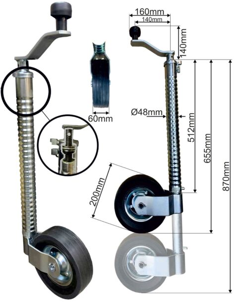 48mm RIBBED JOCKEY WHEEL TRAILER 655mm TO 870mm 500kg