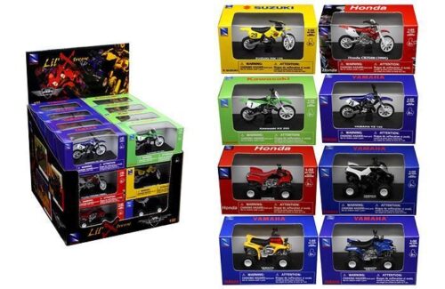 MODEL DIE CAST DIRT BIKE / ATV ASSORTMENT, 8 STYLES, 12 DIRT BIKES & 12 ATVS, SCALE 1:32, NEWRAY 06227 06227C