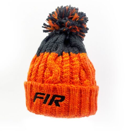 BLACK FIR TEXT – ORANGE/DARK GREY CABLE KNIT BOBBLE HAT – ONE SIZE